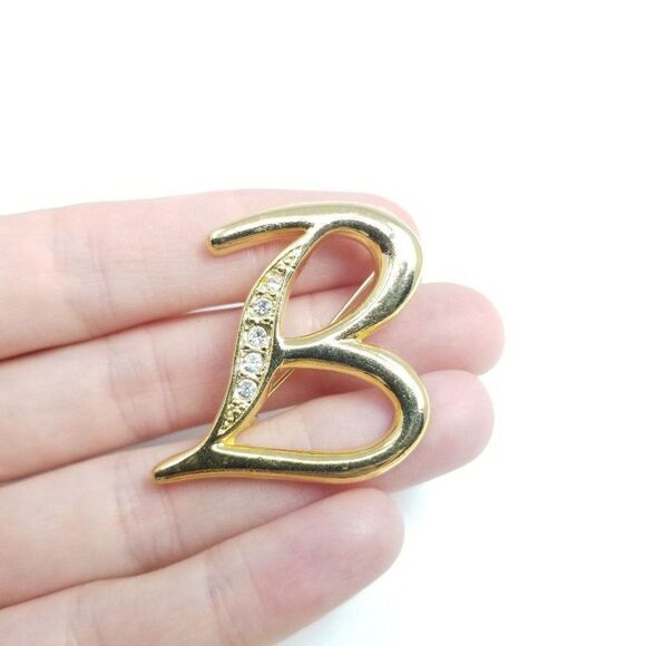 Vintage B Brooch, Monogram Initial Lapel Pin, Gold Tone with Rhinestones - Picture 5 of 6